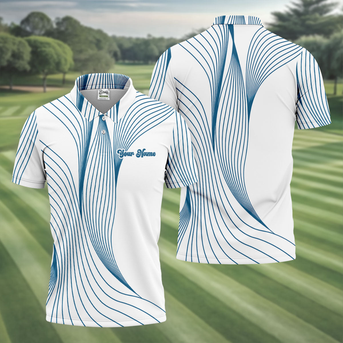 Geometric Line Wavy Line Blue And White Custom Name Golf Shirts For Men, Men's Golf Shirt, Polo ShirtFor Men