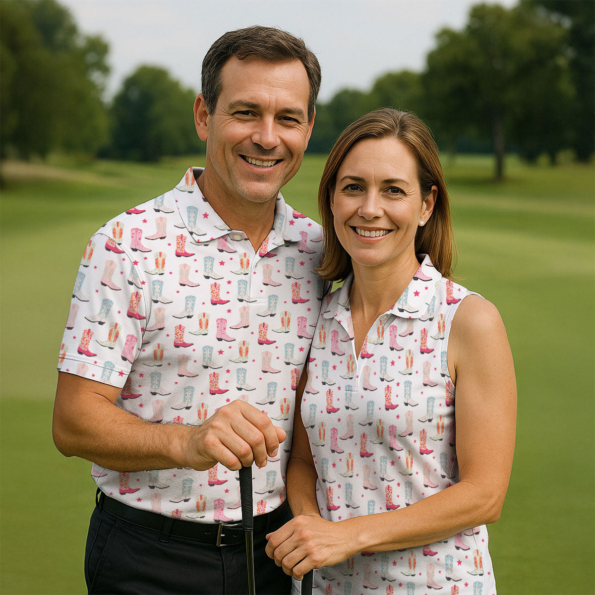 Western Boot Pattern Pastel Shades Retro Golf Shirt, Ladies Golf Polos, Golf Shirt For Women