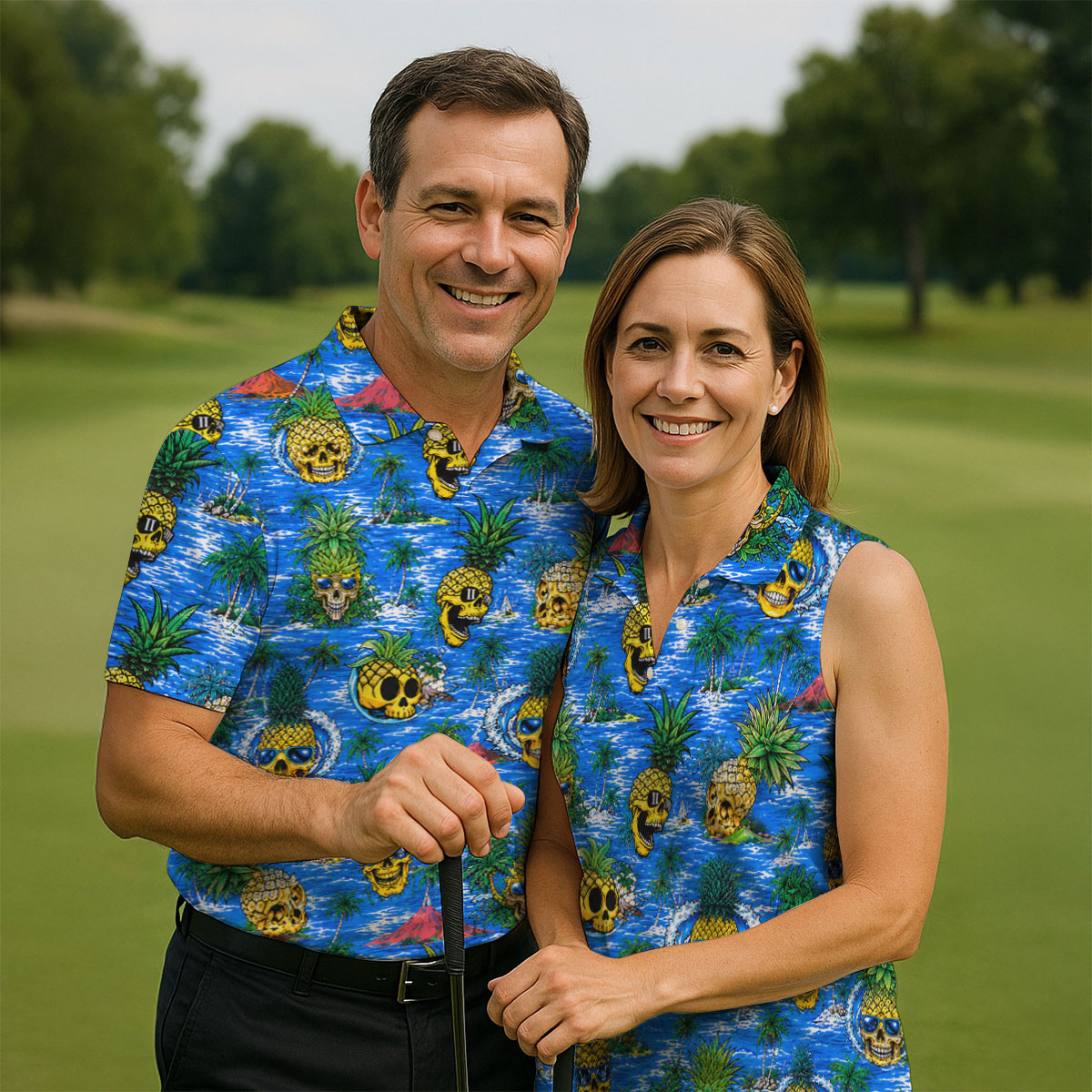 Pineapple Skull Golf Shirt, Tropical Island Volcano Pattern, Golf Shirt For Men