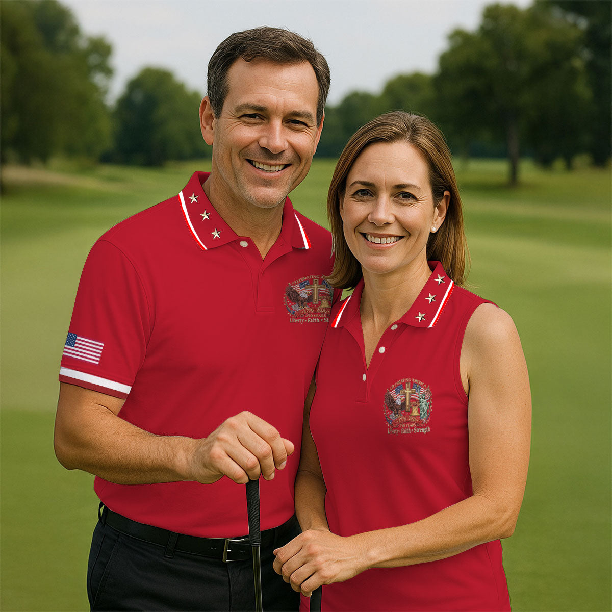 Liberty Faith Strength Faith Cross USA 250 Red Golf Shirt, 4th Of July Golf Shirts For Men