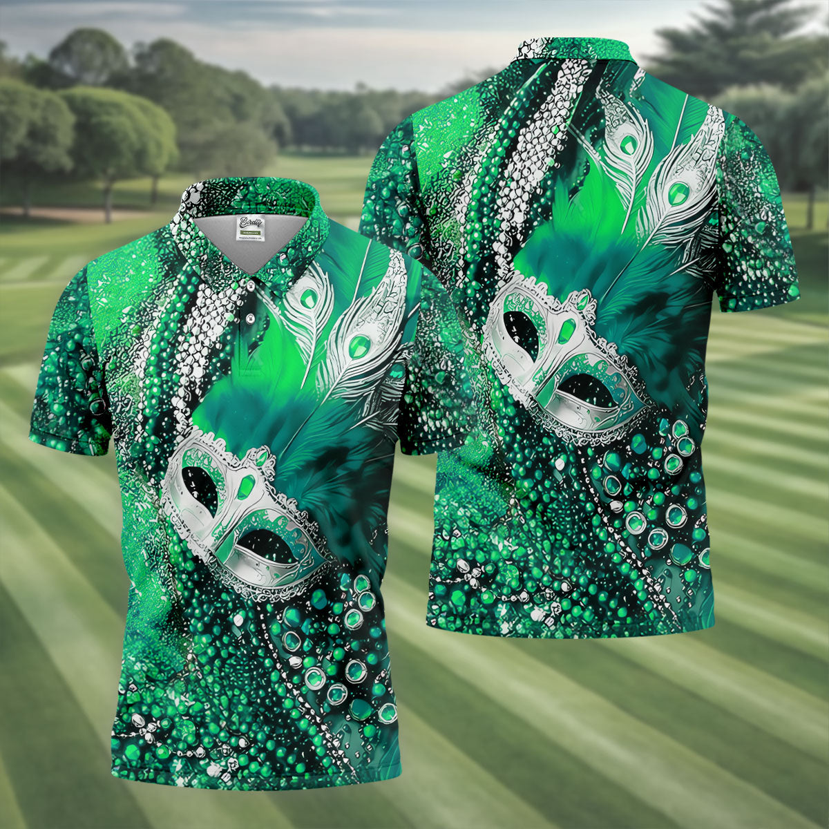 Mardi Gras Masquerade Mask Feather Beads Green Golf Shirt, Polo ShirtFor Men, Golf Shirts For Men