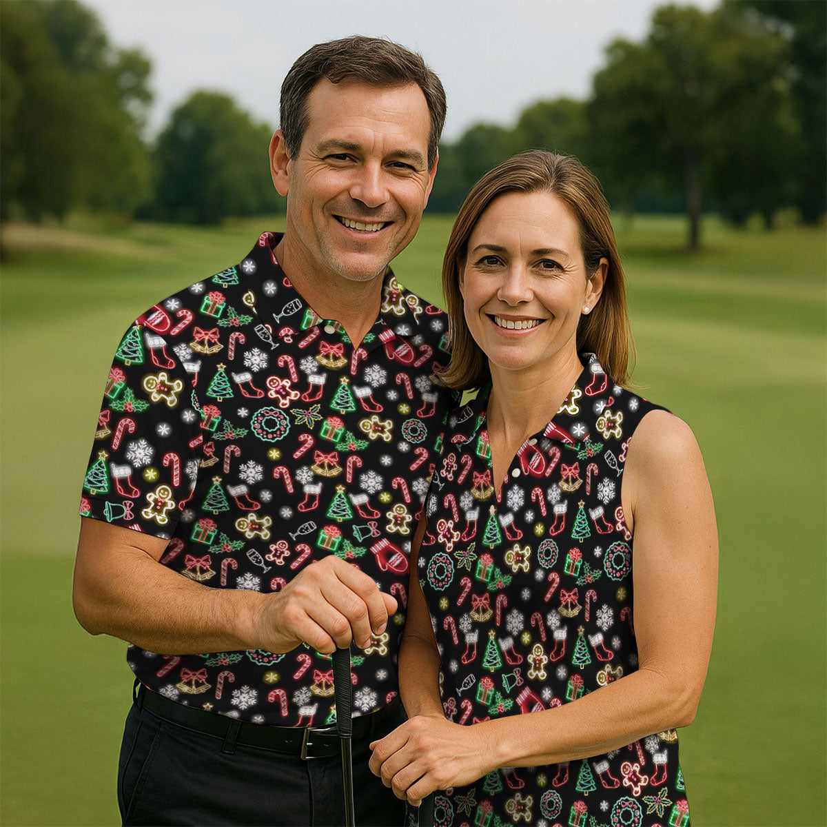 Neon Christmas Pattern Black Golf Polo Shirtun Men's Golf Polos, Christmas Golf Gift, Golfing Apparel