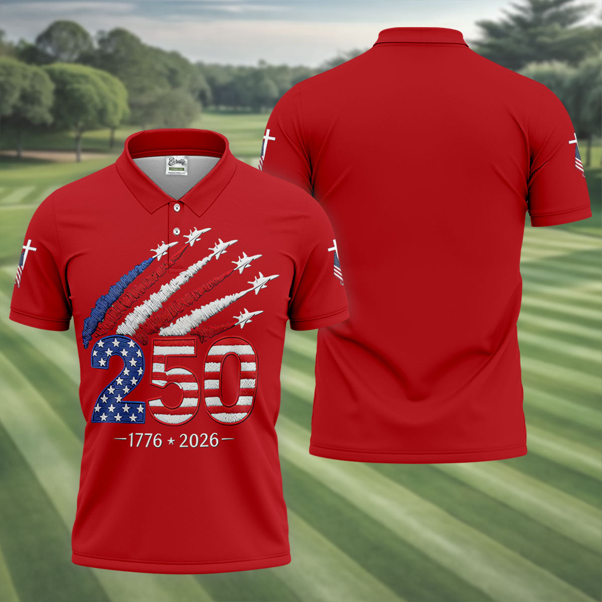 Flying Fighter Jets Faith Cross Patriotic 4th Of July Red Golf Shirt, 250 Years Golf Shirts For Men