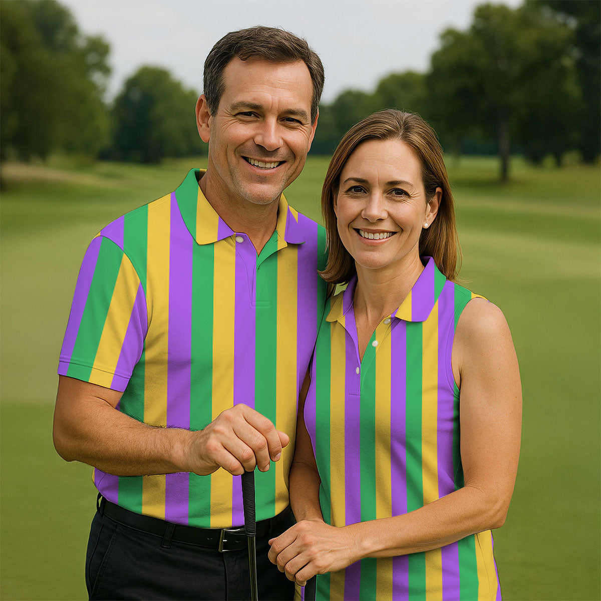 Green Gold Purple Vertical Stripe Mardi Gras Golf Shirt, Polo ShirtFor Men, Golf Shirts For Men