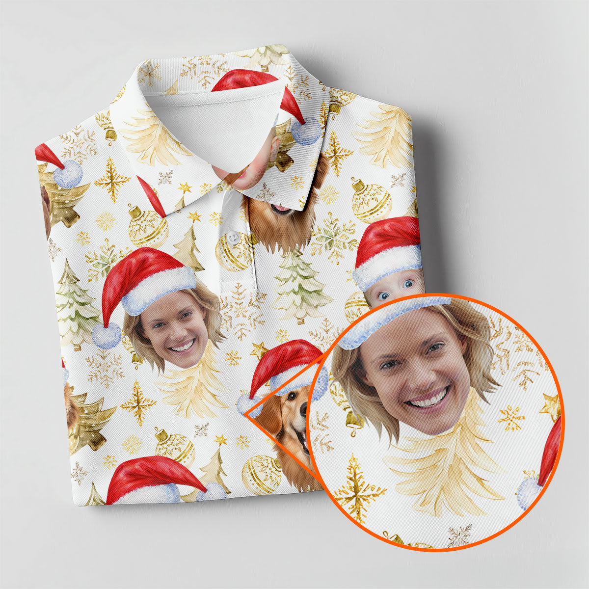 Custom Face Xmas Pattern Golden Print Christmas Golf Shirt, Ladies Golf Tops, Golf Gifts For Women