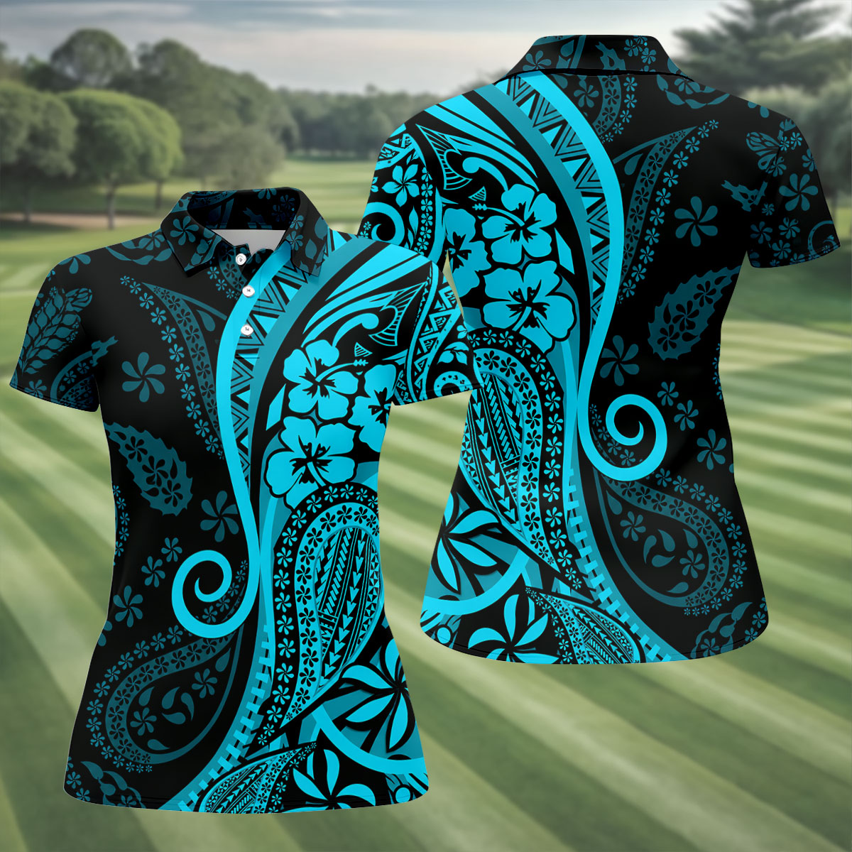 Island Tribal Golf Shirt, Blue Hawaiian Hibiscus Polo, Polo Shirts For Women