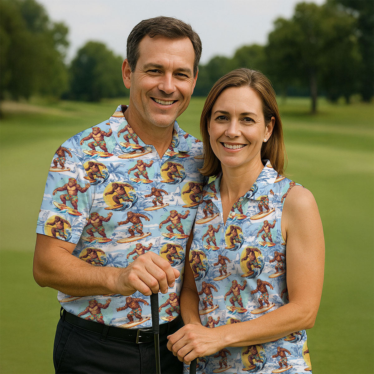 Surfing Bigfoot Hawaiian Golf Shirt, Womens Golf Tops, Golf Polo For Women