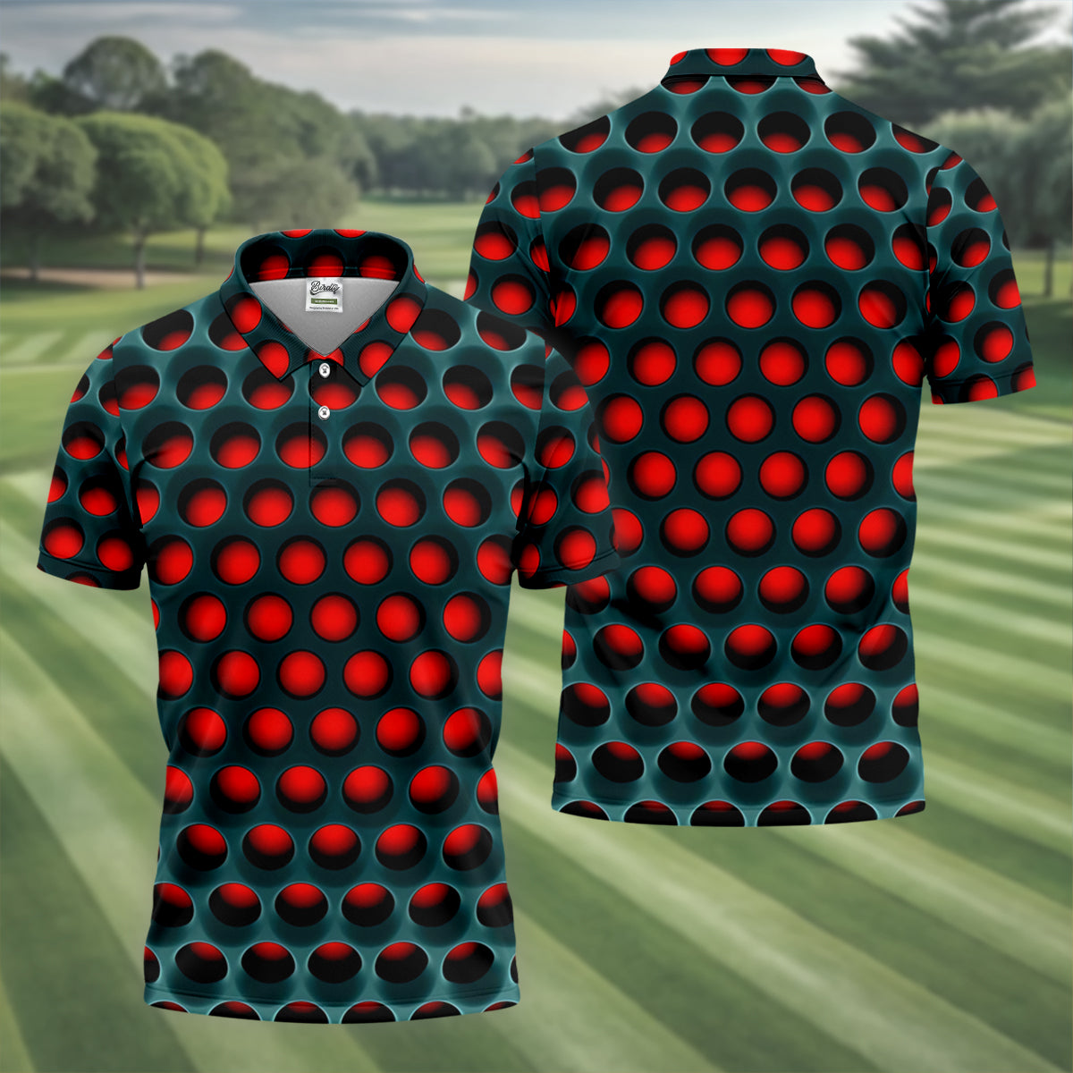 3D Effect Circular Pattern Red Golf Shirt, Cool Golf Outfit, Men's Funny Golf Shirts, Polo ShirtFor Men
