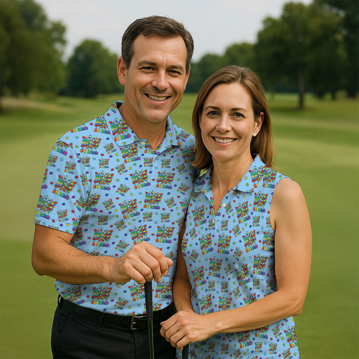 In A World Where You Can Be Anything Be Kind Rainbow Butterfly Autism Awareness Blue Golf Shirt, Golf Shirts For Men