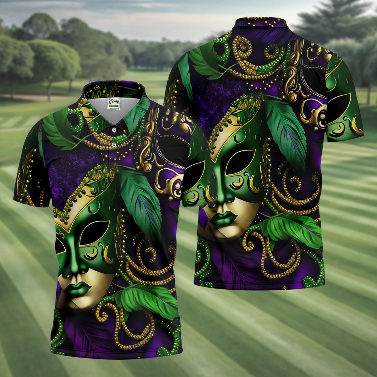 Purple Green Gold Carnival Mask Feather Print Mardi Gras Golf Shirt, Polo ShirtFor Men, Golf Shirts For Men