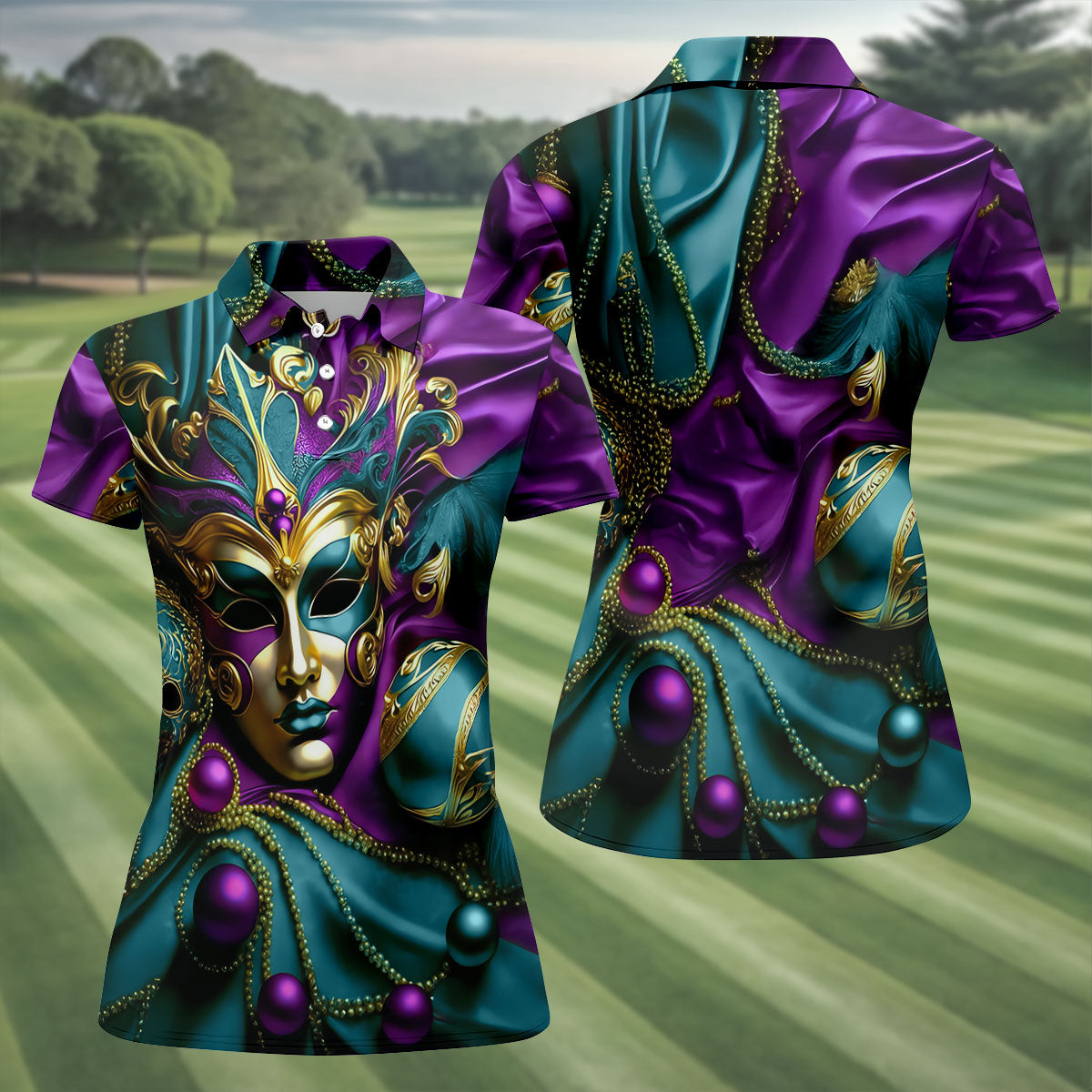 Mardi Gras Face Mask Turquoise Golf Shirt, Women's Golf Tops, Ladies Golf Polos, Women's Polo Shirt