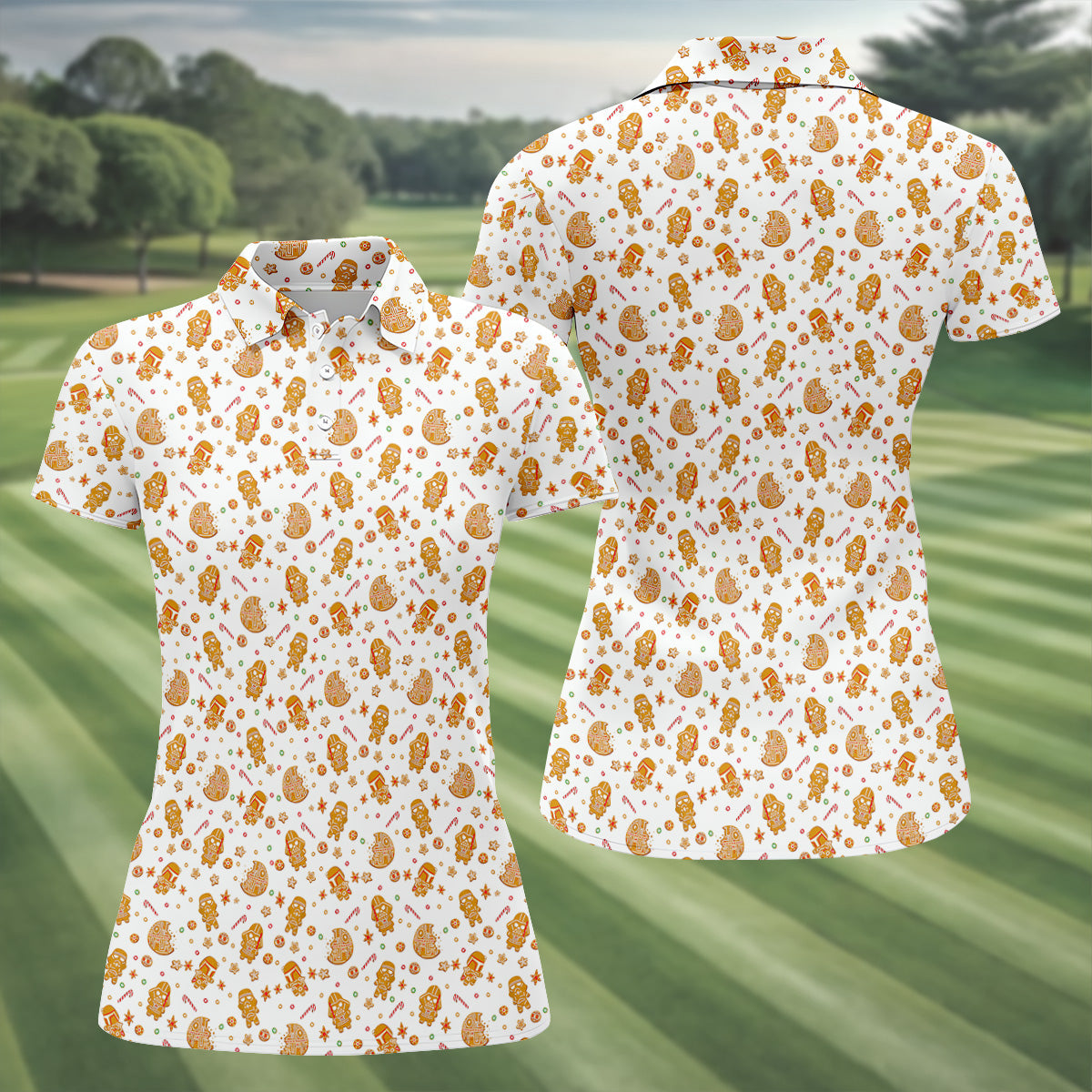 Funny Gingerbread Villain Character Christmas Golf Shirt, White Golf Polo, Women's Golf Tops