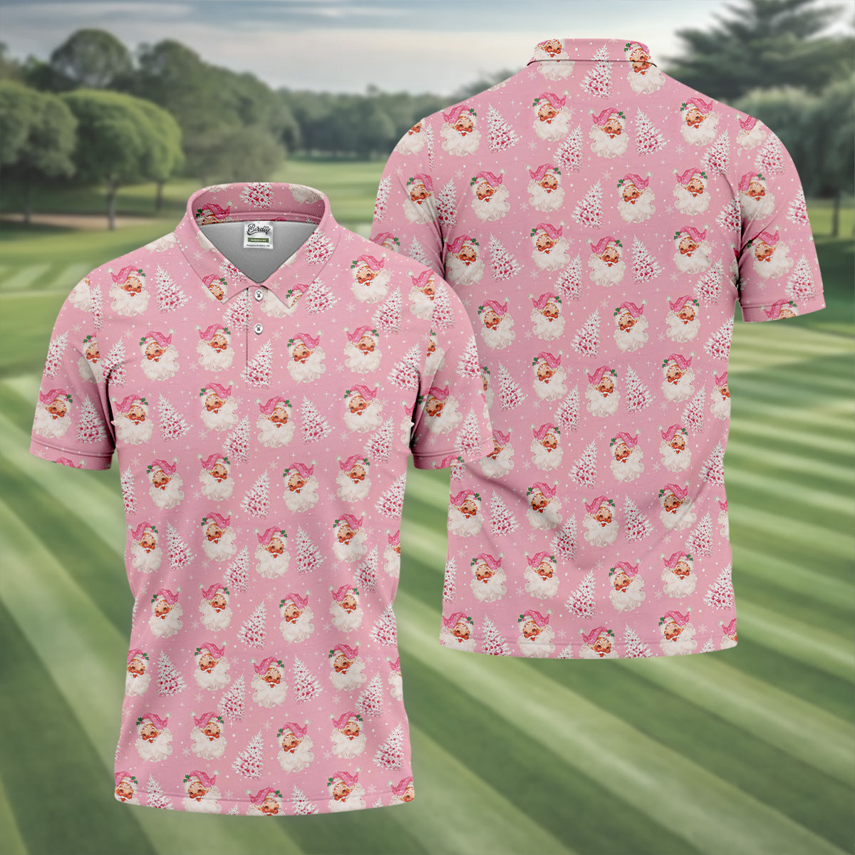 Pink Xmas Tree Santa Claus Pattern Christmas Golf Shirt, Polo Shirt Men, Golf Gift For Men