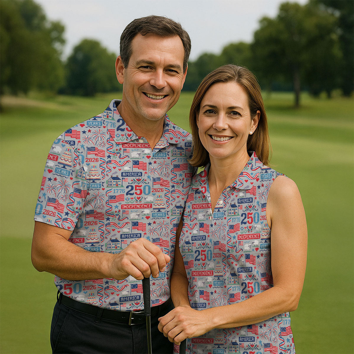 America Independence 250 Years Grey Golf Shirt, Patriotic 4th Of July Golf Shirts For Men