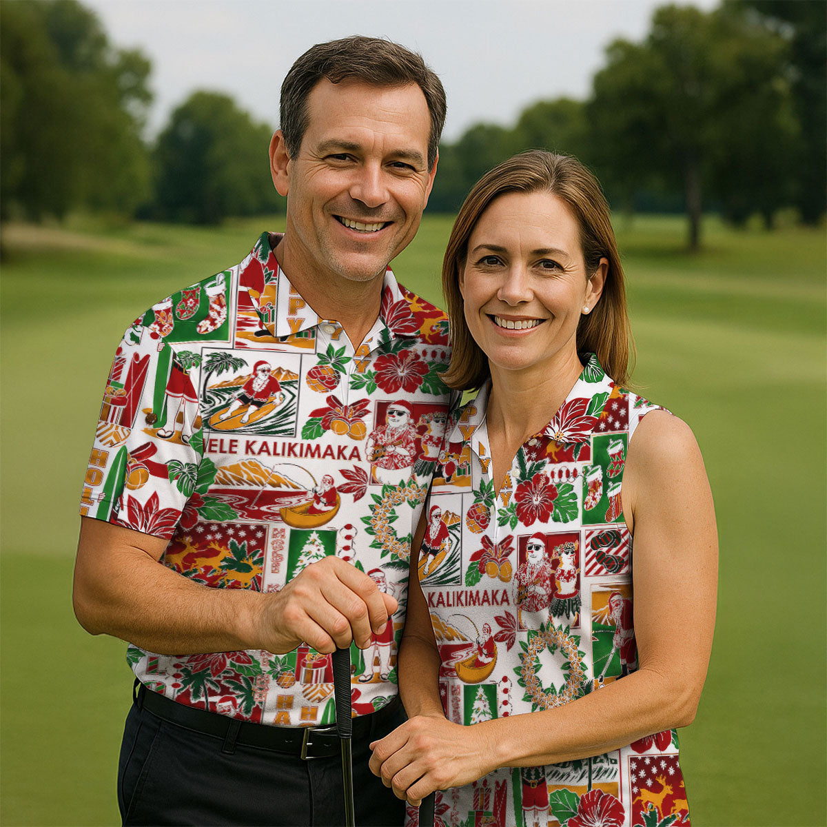 Men's Mele Kalikimaka Hawaiian Christmas Golf Shirt, Tropical Santa Holiday Golf Shirt, Golf Apparel For Men
