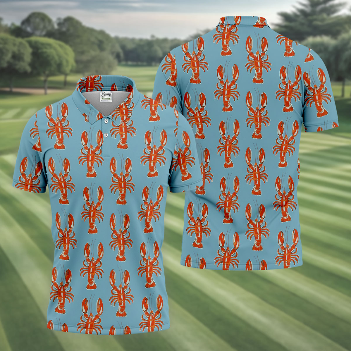 Orange Lobsters Light Blue Mardi Gras Golf Shirt, Golf Tops For Men, Polo ShirtFor Men, Golf Shirts For Men