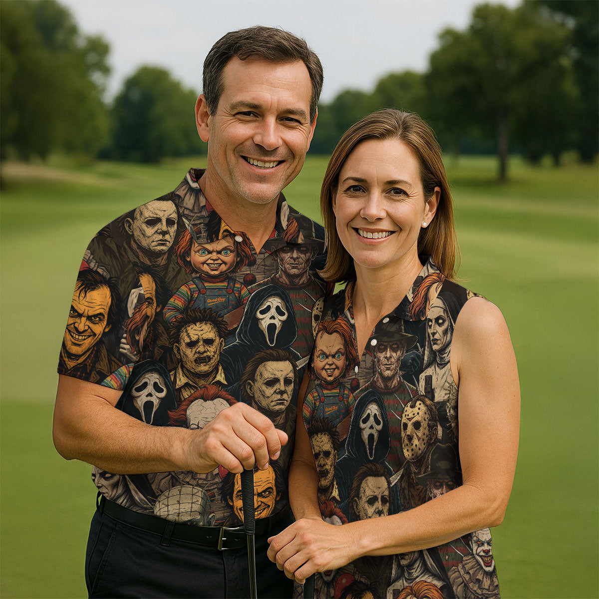 Horror Halloween Character Halloween Men's Polo Shirt Horror Movie Shirt, Mens Golf Shirts, Halloween Golf Shirt