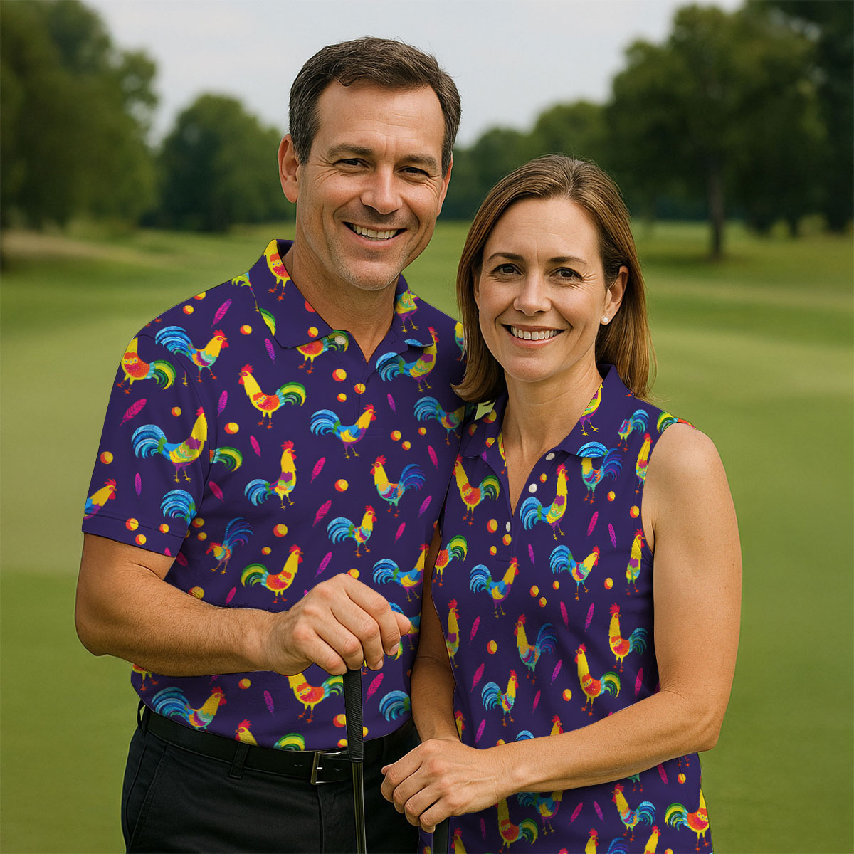 Retro Rooster Golf Shirt, Colorful Country Pattern Polo, Polo Shirts For Men