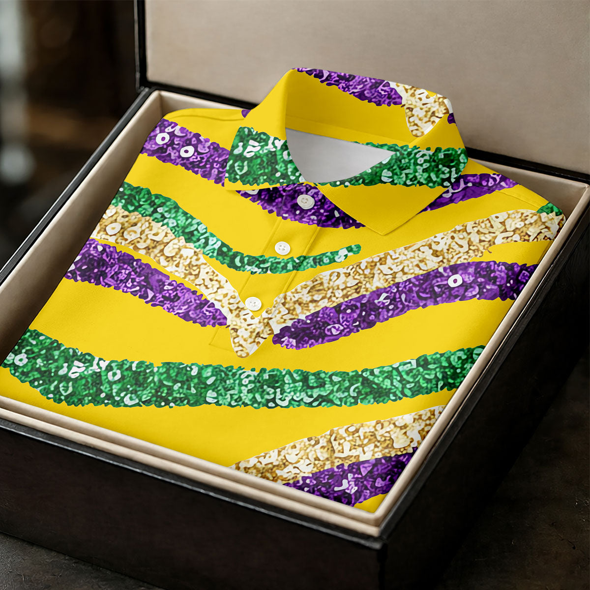 Purple Green Gold Sequin Pattern Yellow Golf Shirt, Mardi Gras Golf Shirt, Women's Golf Tops, Ladies Golf Shirts