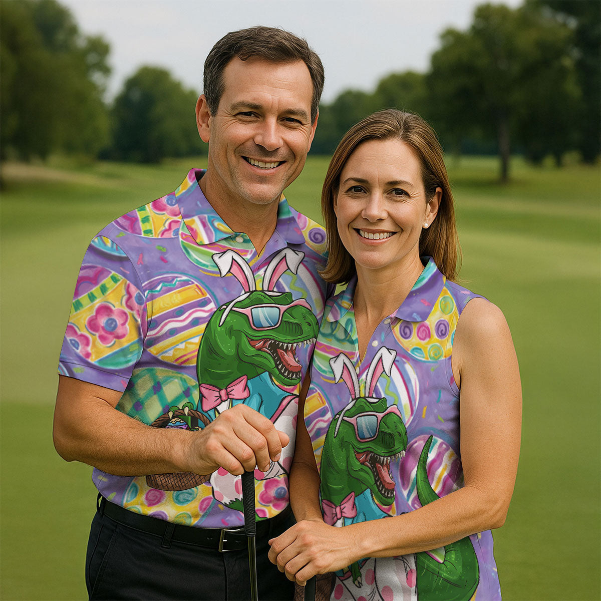 T-Rex Bunny Painted Easter Eggs Golf Shirts For Men, Men's Funny Golf Shirts, Polo ShirtFor Men