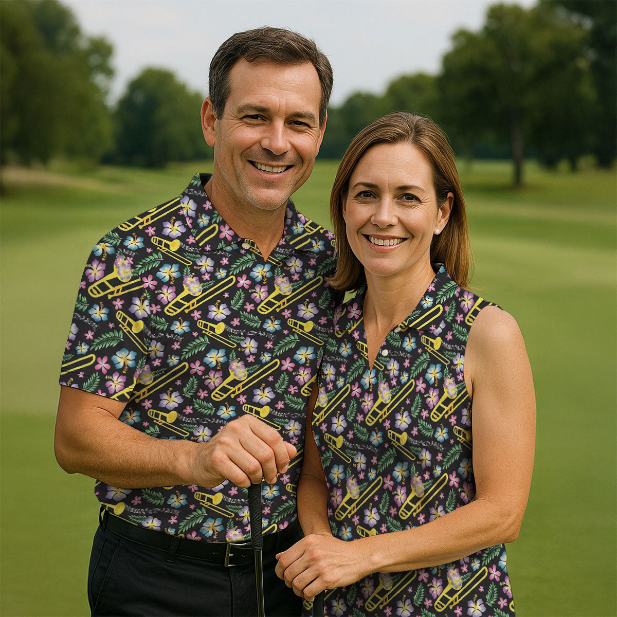 Trombones Floral Tropical Vibe Golf Tops For Men, Polo ShirtFor Men, Golf Shirts For Men