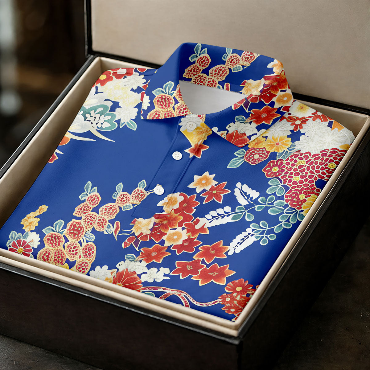 Royal Blue Japanese Floral Pattern Golf Shirt, Women’s Golf Polo, Ladies Golf Tops