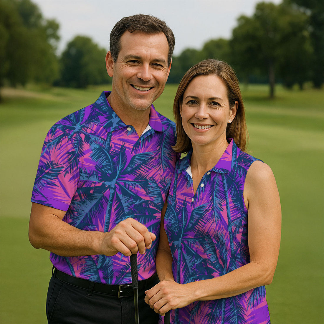 Purple Pink Tropical Palm Trees Golf Shirt, Mens Golf Polo, Printed Golf Shirts