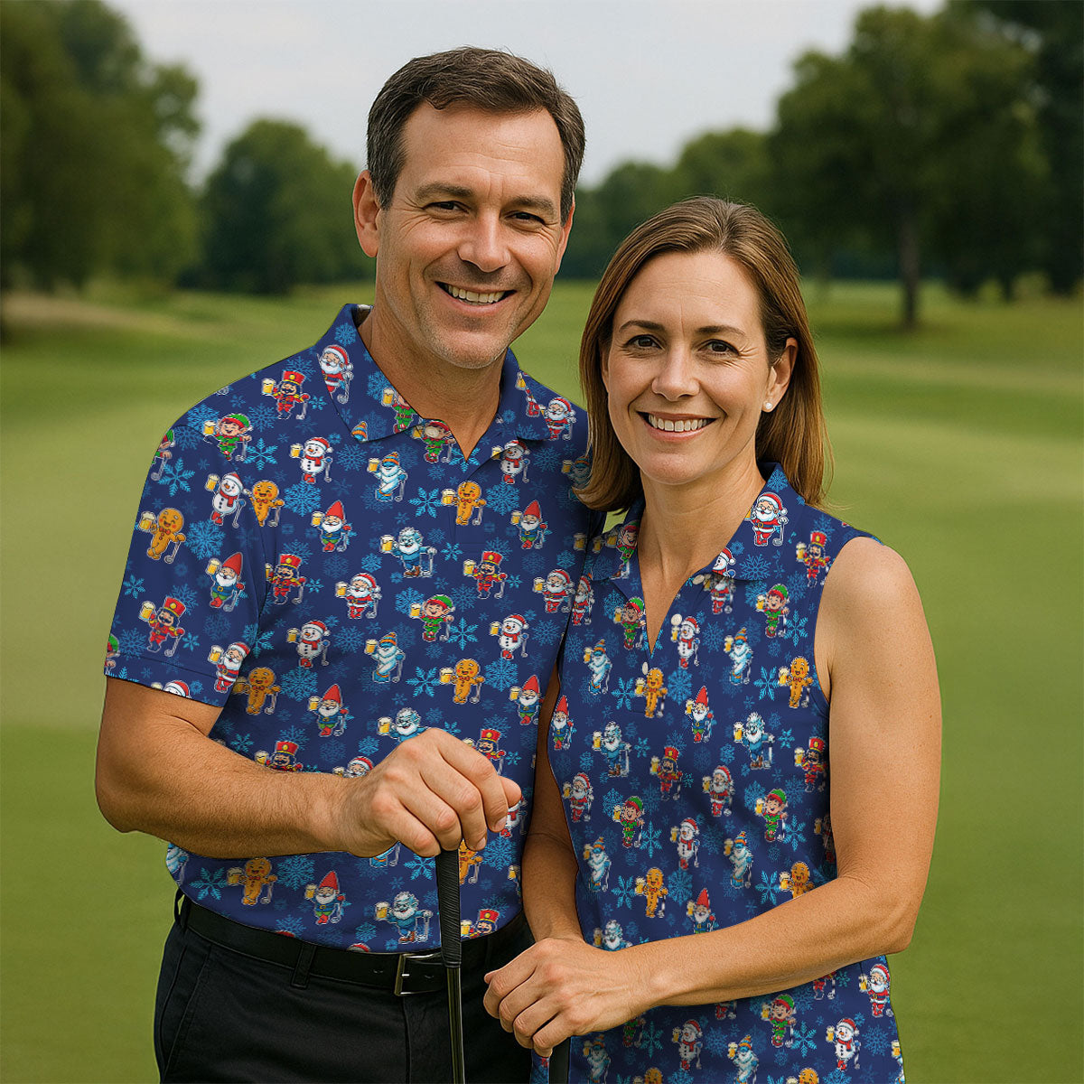 Christmas Characters Golf And Beer Navy Men's Funny Golf Shirts, Christmas Golf Shirt, Polo ShirtFor Men