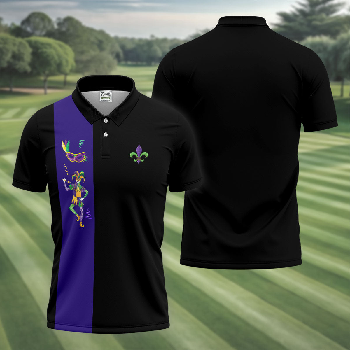 Mardi Gras Festival Jester Figure Fleur De Lis Symbol Black Golf Shirt, Polo ShirtFor Men, Golf Shirts For Men