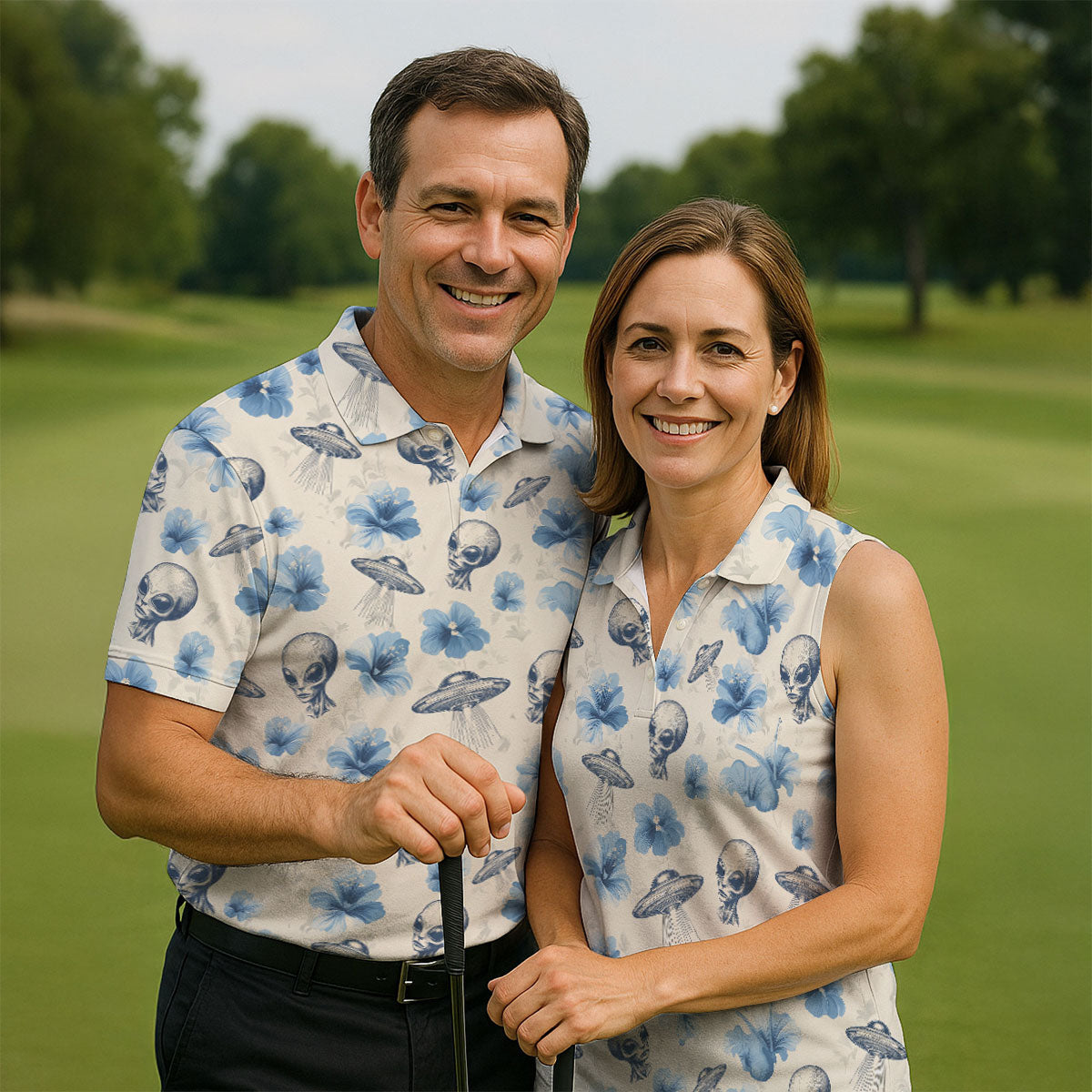 Funny Alien Blue Hibicus Tropical Theme Hawaiian Golf Shirt, Golf Shirt For Women, Golfing Apparel