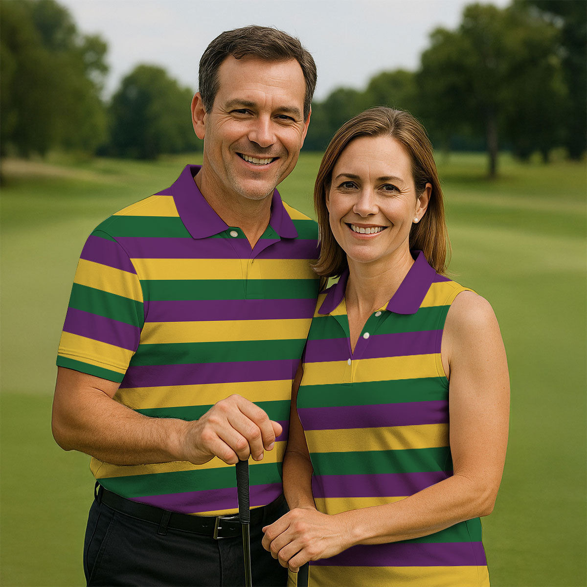 Gold Purple Green Mardi Gras Stripe Men's Golf Polo Shirt Golf Gift For Men, Golf Shirts For Men