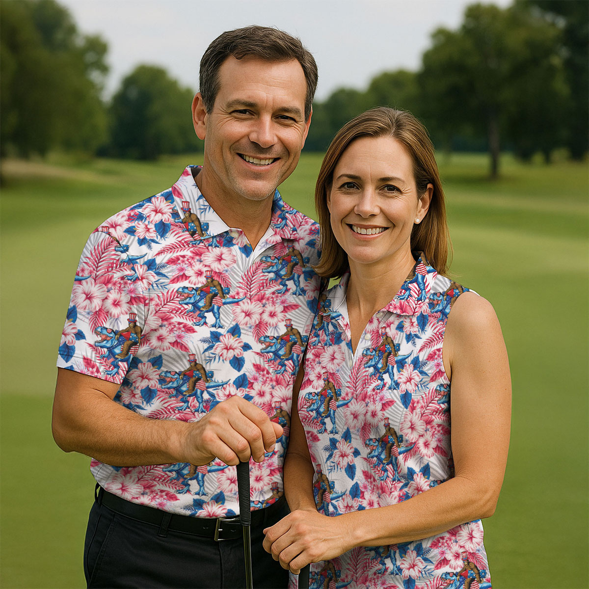 Patriotic T-Rex Bigfoot Hawaiian Floral Golf Shirt, 250 Years 4th Of July Golf Shirt For Women