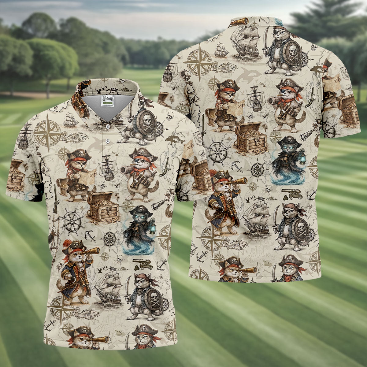 Vintage Pirate Cat Treasure Map Adventure Golf Shirt, Mens Polo Shirt, Hawaiian Golf Shirt, Golf Shirts For Men