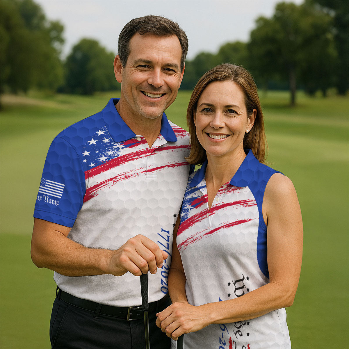 We The People 1776-2926 American Flag Brush Blue Golf Shirt, 250 Years Patriotic 4th Of July Golf Shirts For Men