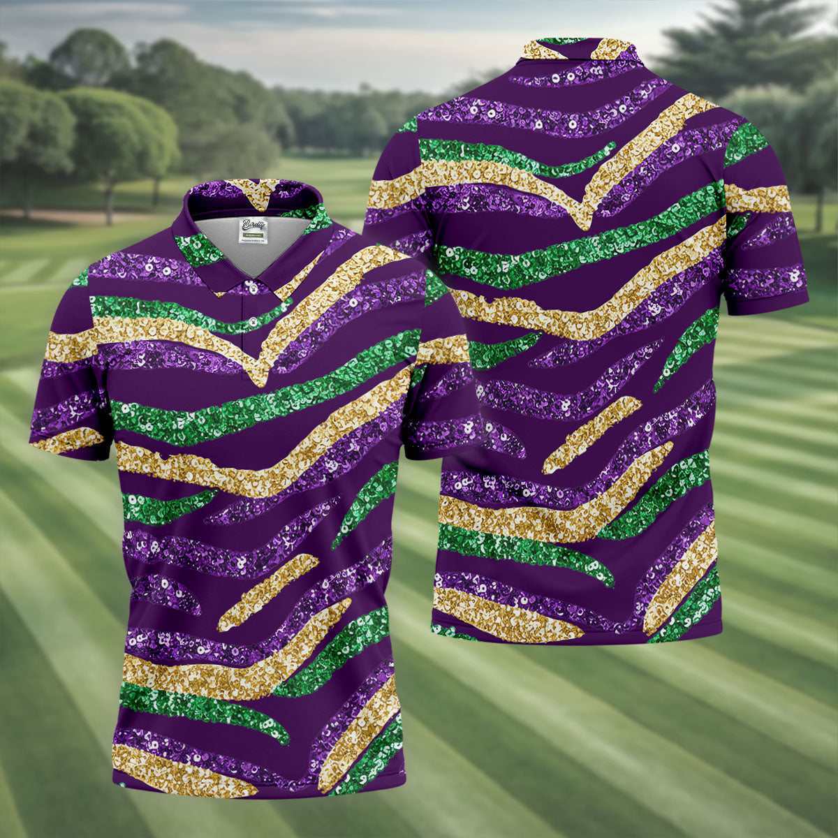 Purple Green Gold Sequin Pattern Purple Golf Shirt, Mardi Gras Golf Shirt, Polo ShirtFor Men