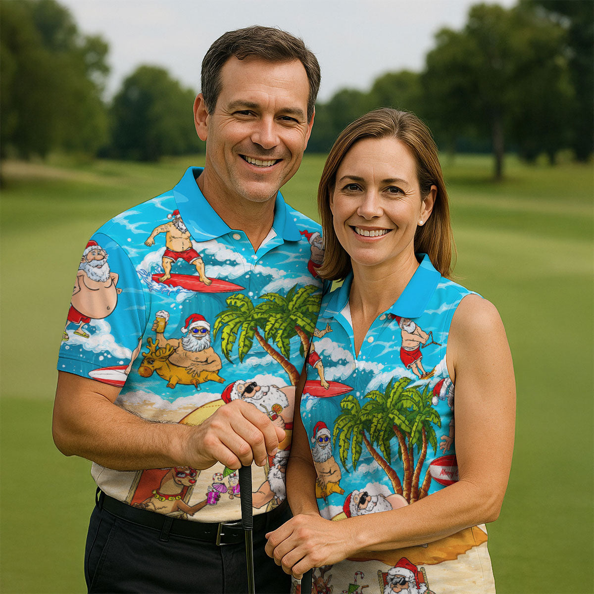 Funny Santa Beach Party Men's Golf Shirt, Christmas Golf Shirt, Golf Apparel For Men