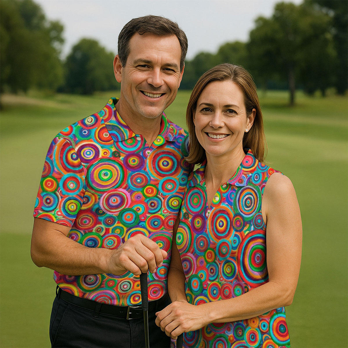Colorful Abstract Circle Pattern Polo Shirt, Printed Golf Shirts, Hawaiian Golf Shirt, Mens Polo Shirts