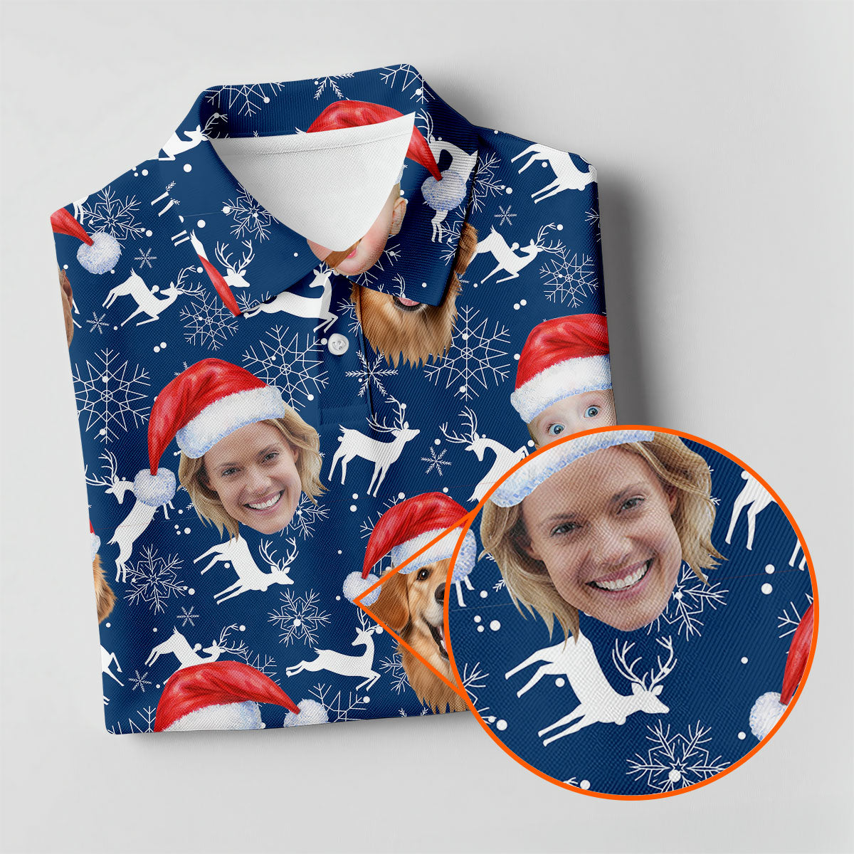 Custom Face Reindeer Pattern Navy Golf Shirt, Christmas Golf Shirt, Women's Golf Tops, Golf Gift For Ladies