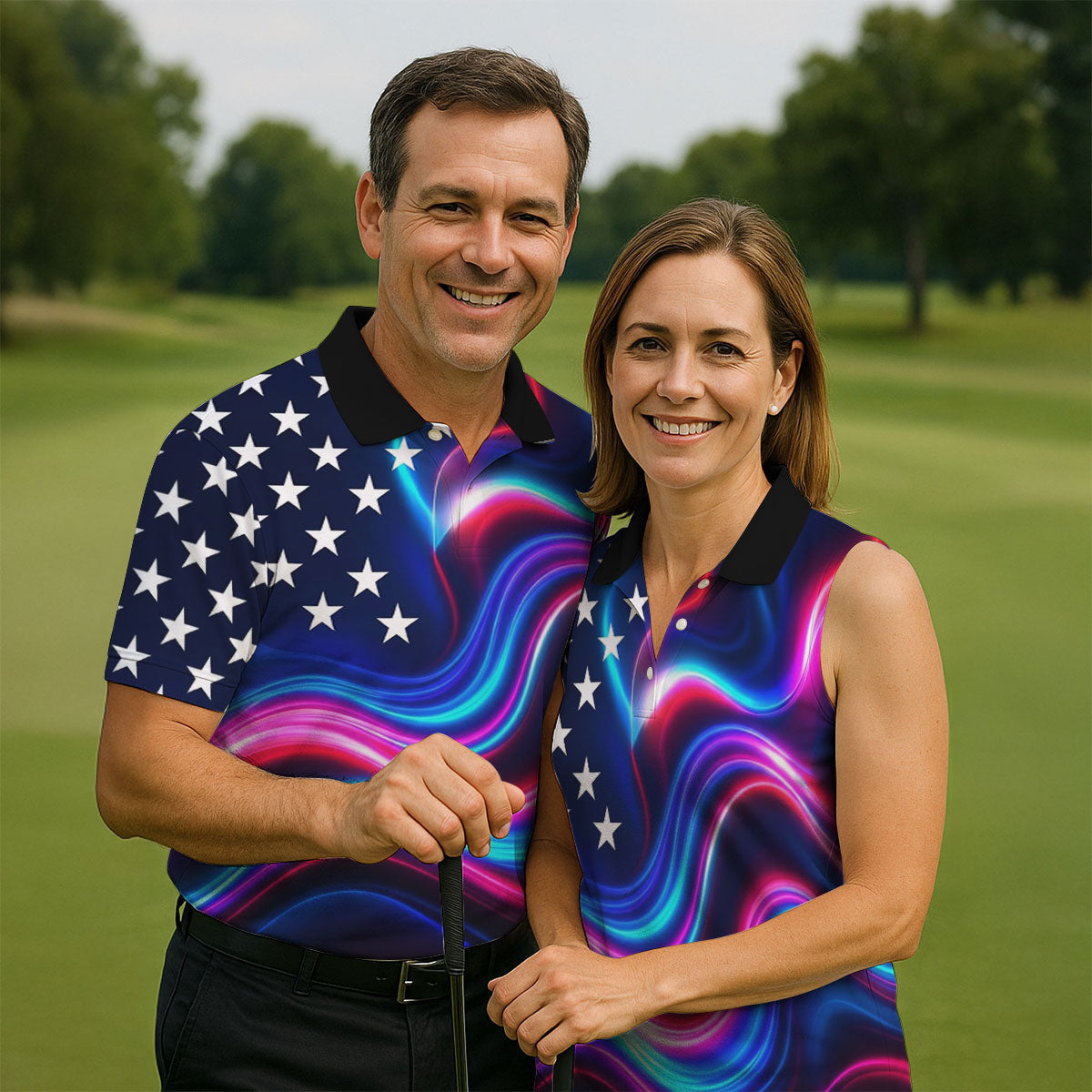 Star Pattern Neon Color Wavy Stripes 250th Anniversary, Patriotic 4th Of July Golf Shirts For Men