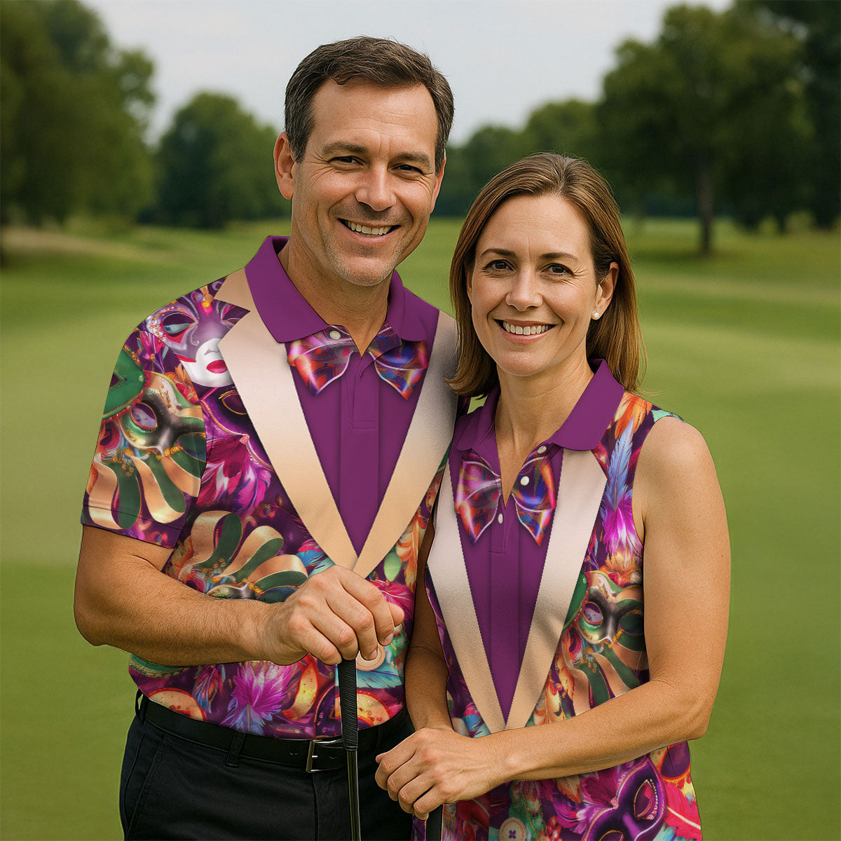 Colorful Mardi Gras Suit Print Men's Funny Golf Shirts, Polo Shirt Men, Golf Shirts For Men
