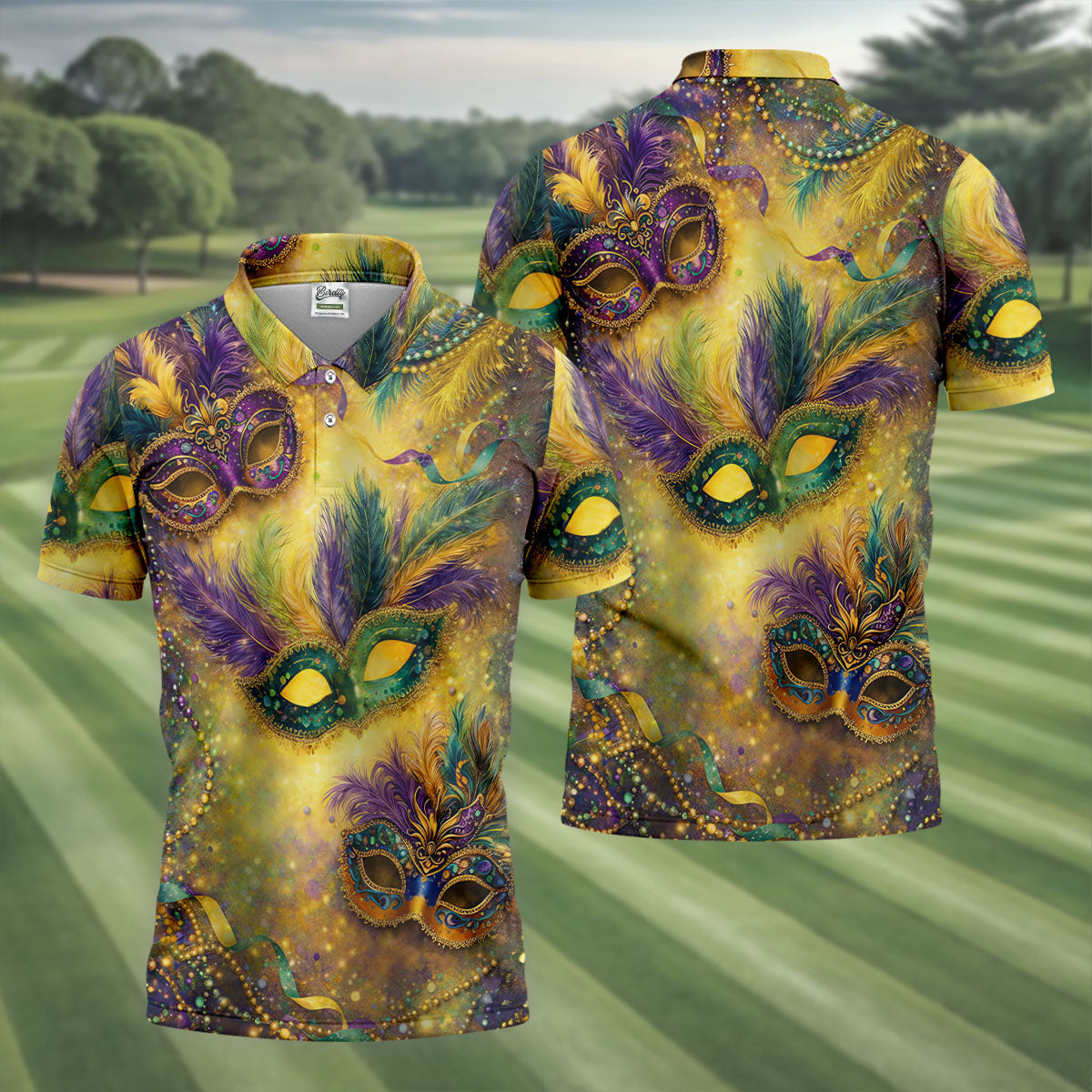 Masquerade Mask Beads Chain Sparkling Effect Mardi Gras Golf Shirt, Polo ShirtFor Men, Golf Shirts For Men