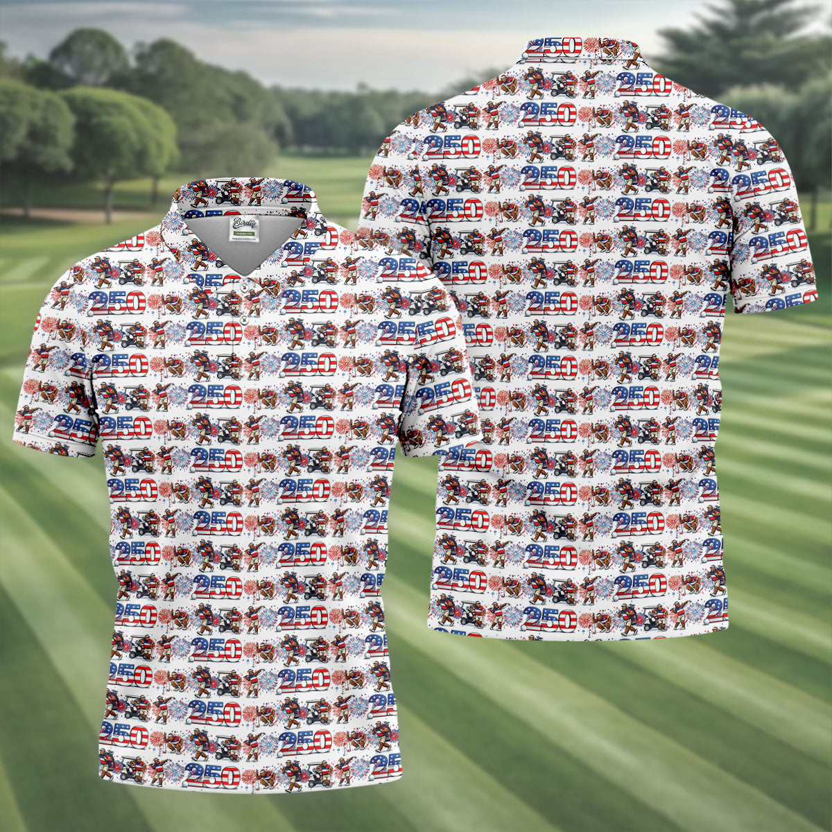 Funny Bigfoot Golf Pose Patriotic 4th Of July White Golf Shirt, 250 Years Golf Shirts For Men