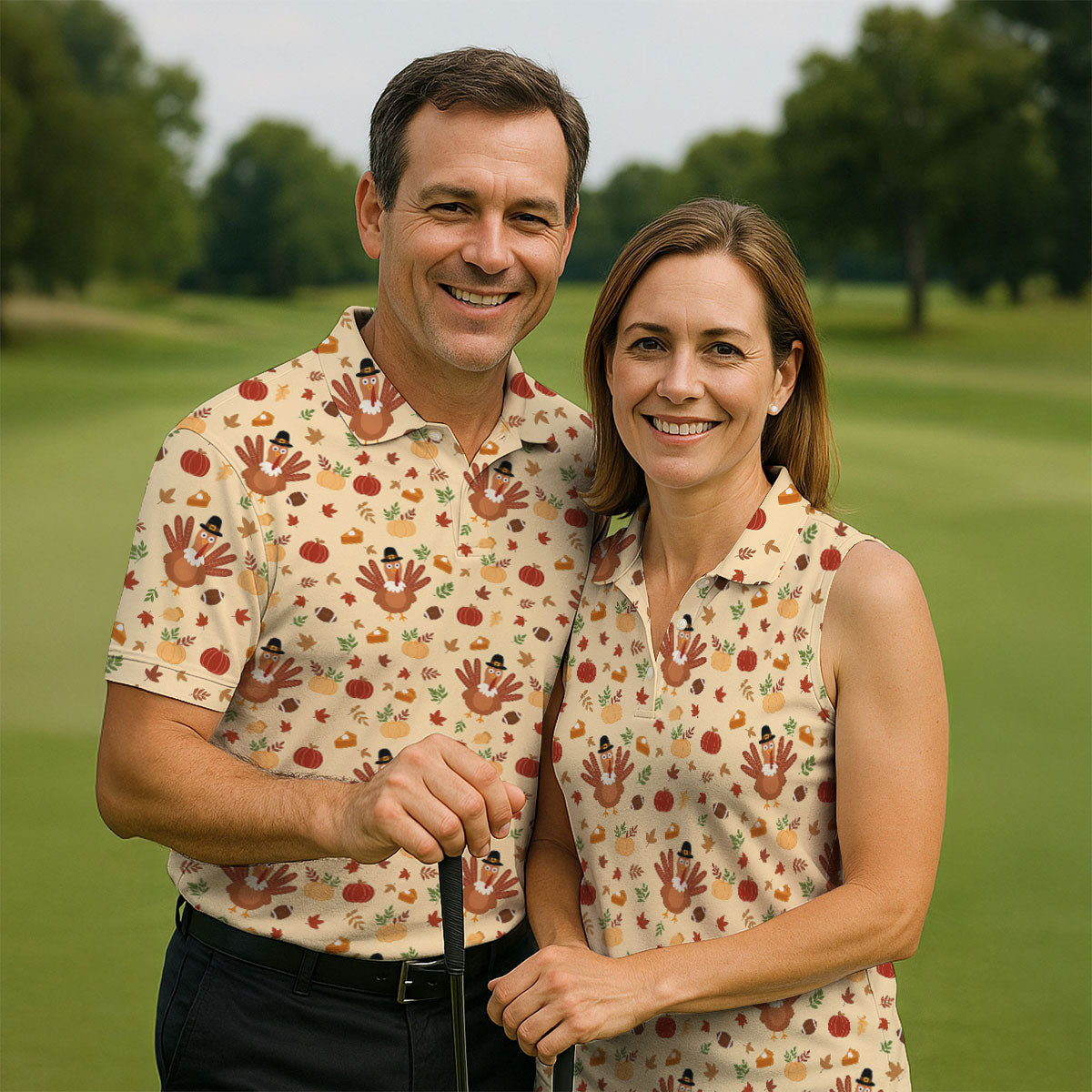 Turkey Pumpkin Thanksgiving Golf Tops For Men, Yellow Golf Shirt, Fun Golf Shirts For Men, Polo For Men