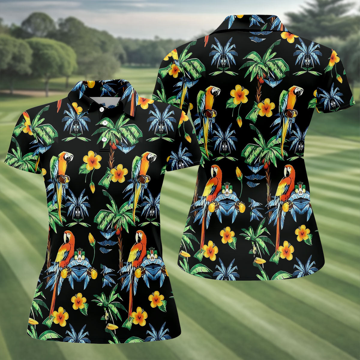 Black Tropical Parrot Palm Flower Pattern Golf Shirt, Women’s Golf Polo, Ladies Golf Shirts, Golf Tops For Women