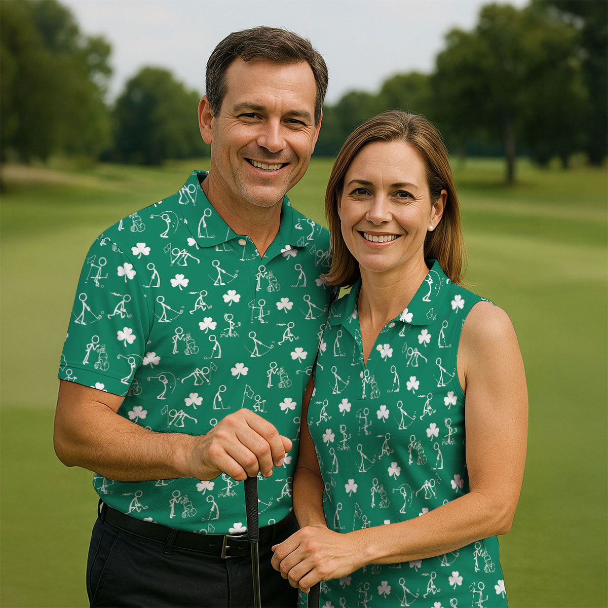 Stick Figure Golf Pose St Patrick's Day Shamrock Green Golf Shirt, Women's Golf Tops, Ladies Golf Polos