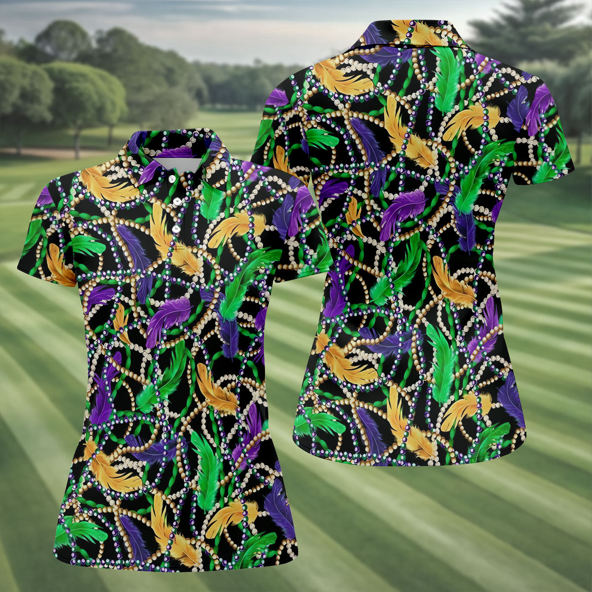 Purple Green Gold Feather Beads Mardi Gras Golf Shirt, Women's Golf Tops, Ladies Golf Polos