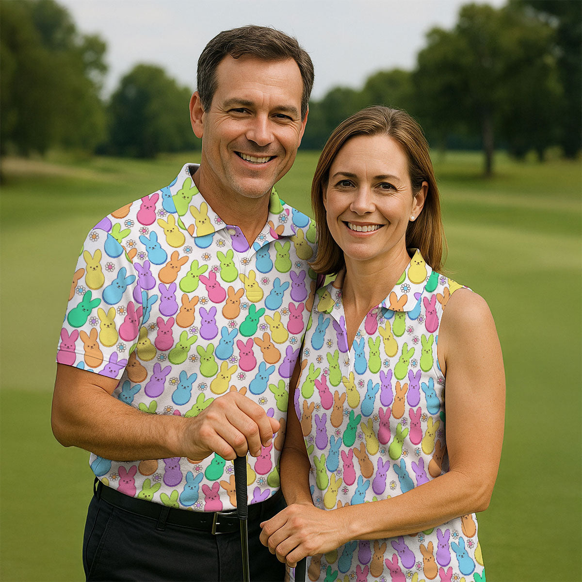 Pastel Easter Peeps Daisy Pattern Golf Shirts For Men, Cute Golf Outfit, Polo Shirt Men