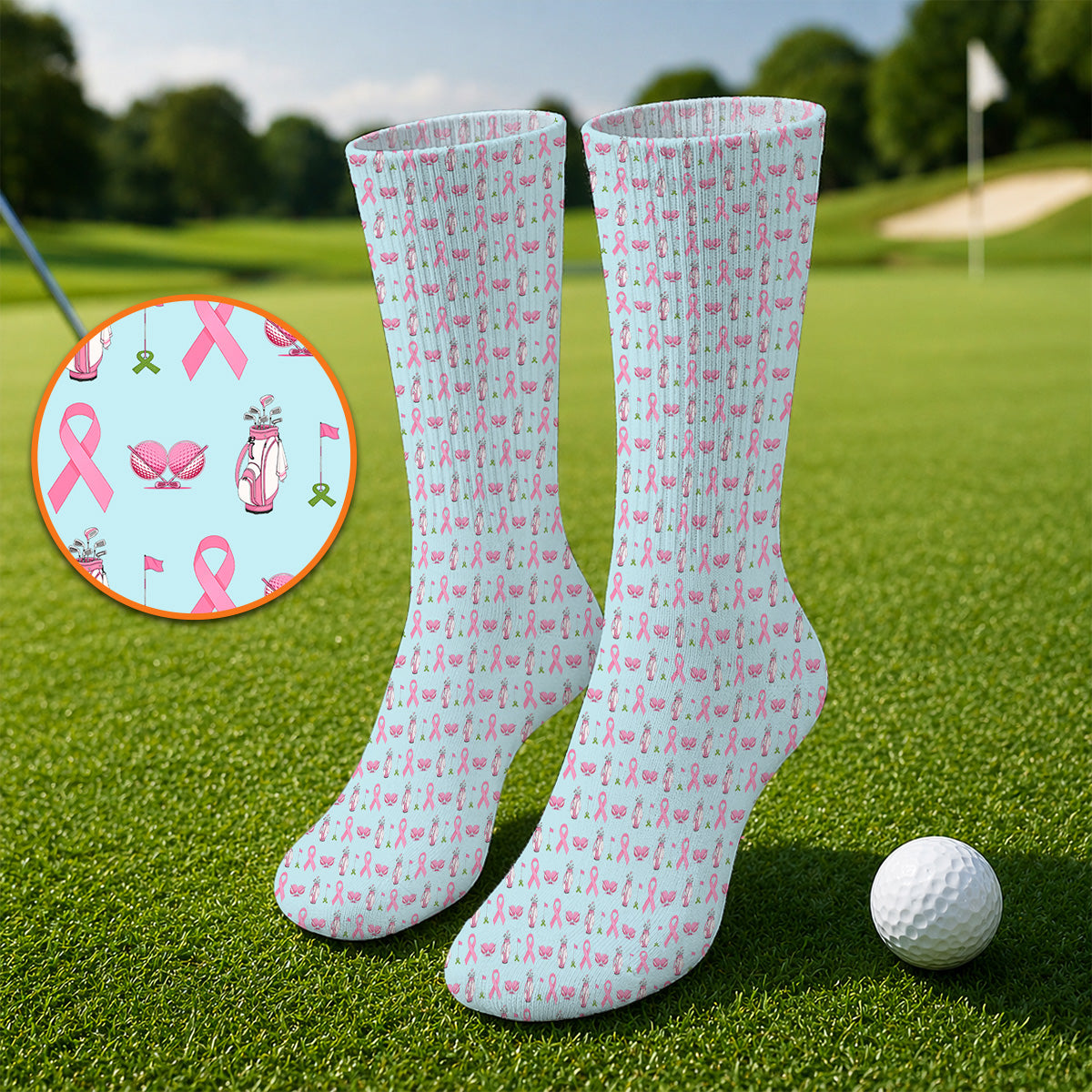 Breast Cancer Pattern Golf Socks, Pink Ribbon Golf Sock for Golf Lovers, Support Breast Cancer Awareness Gift