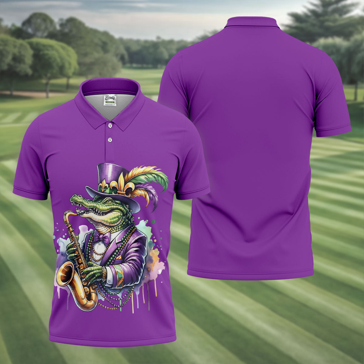 Mardi Gras Alligator Playing Saxophone Purple Golf Shirt, Golf Shirts For Men, Polo ShirtFor Men