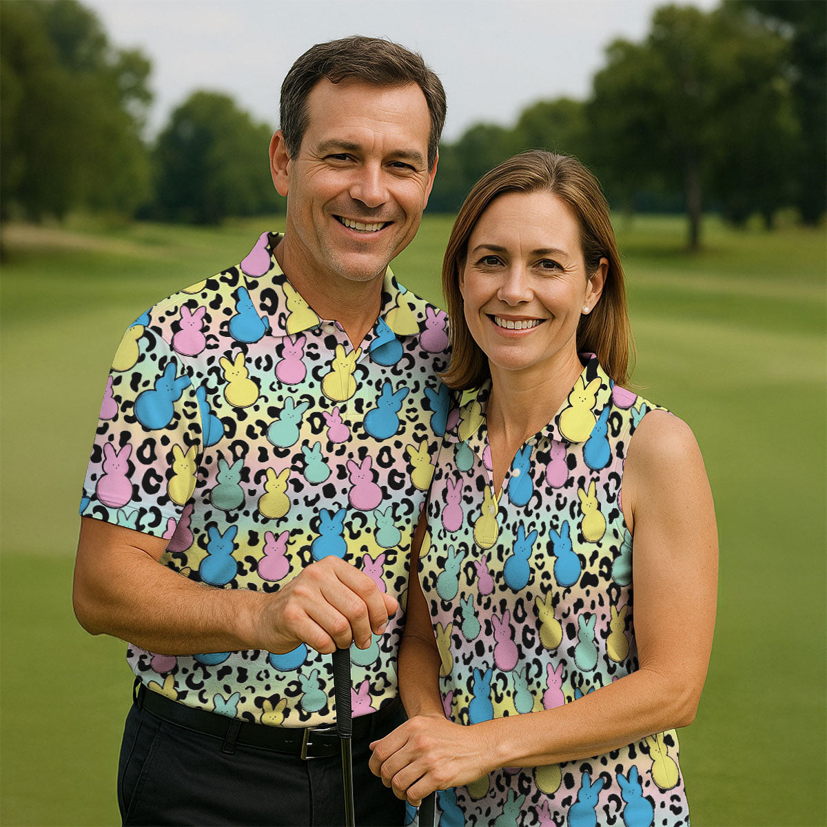 Pastel Easter Bunny Leopard Print Polo Shirt, Mens Golf Apparel, Hawaiian Golf Shirt, Printed Golf Shirts